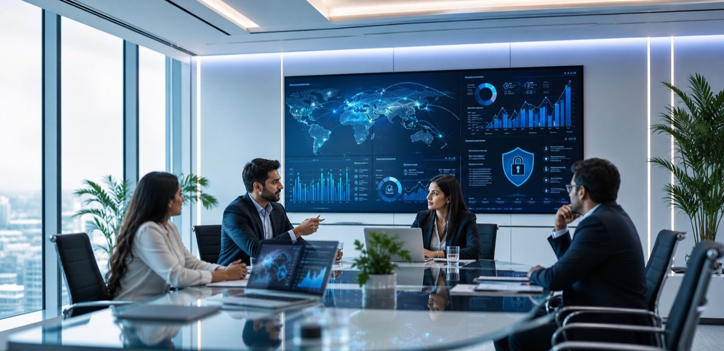Vyronova AI team collaborating in a modern enterprise strategy room